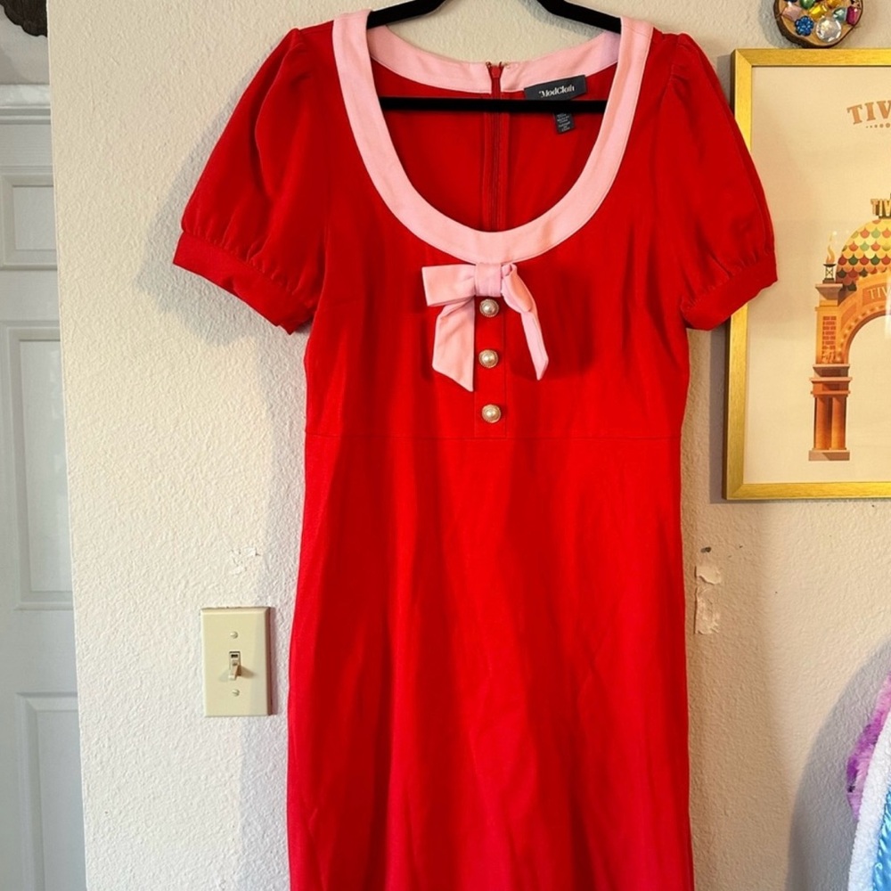 Modcloth Pink and Red L Mini Dress With Bow